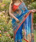 Blue georgette floral print printed saree
