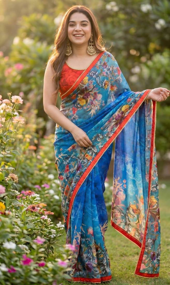 Blue georgette floral print printed saree