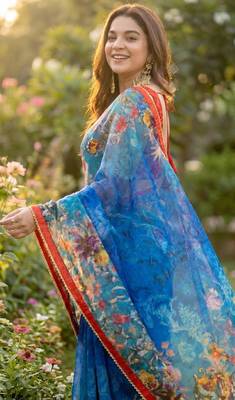 Blue georgette floral print printed saree 2