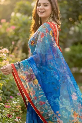Blue georgette floral print printed saree