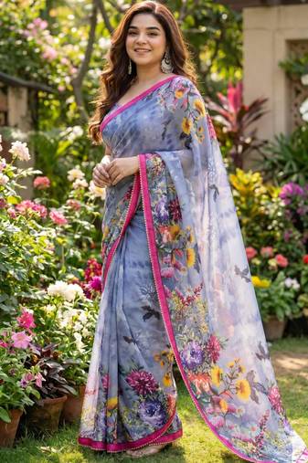 Grey georgette floral print printed saree