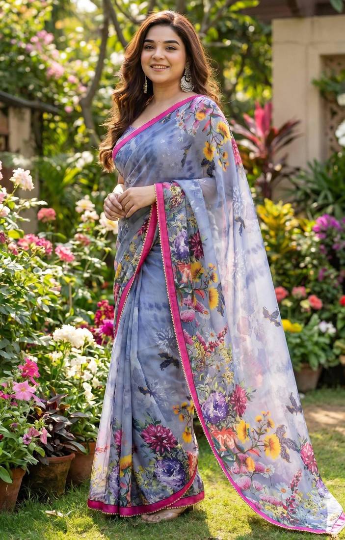 Grey georgette floral print printed saree