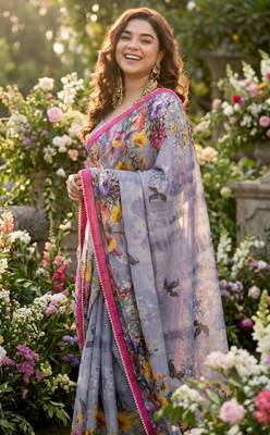 Grey georgette floral print printed saree 2
