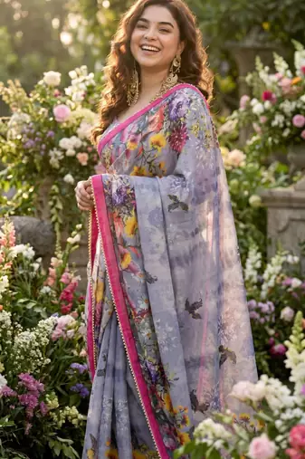 Grey georgette floral print printed saree