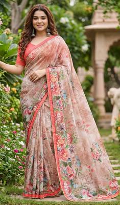 Peach georgette floral print printed saree 1
