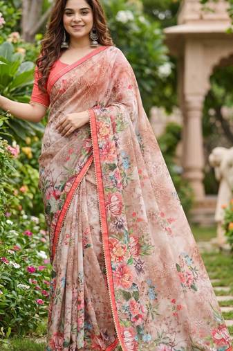 Peach georgette floral print printed saree