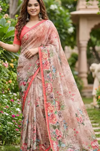 Peach georgette floral print printed saree