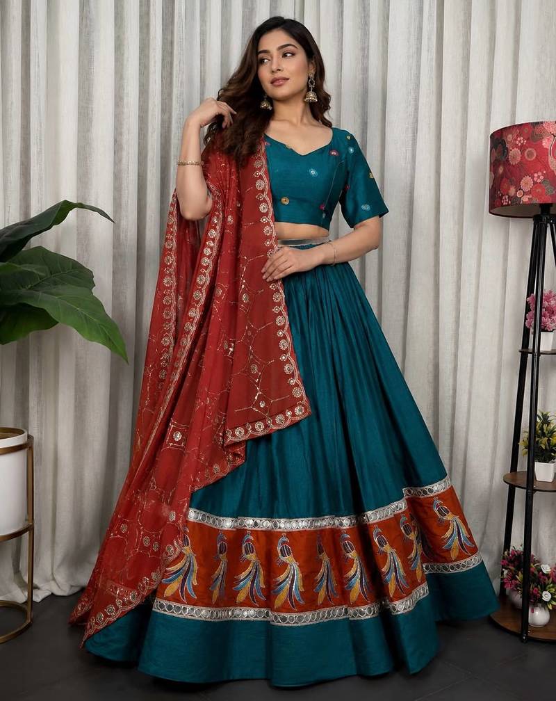 Teal Silk Blend Readymade Navratri Lehenga Choli with Embroidery & Mirror Work