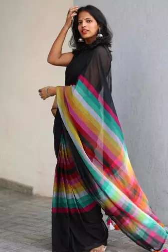 Black linen stripes print printed saree