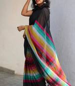 Black linen stripes print printed saree