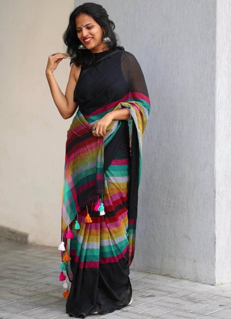 Black linen stripes print printed saree