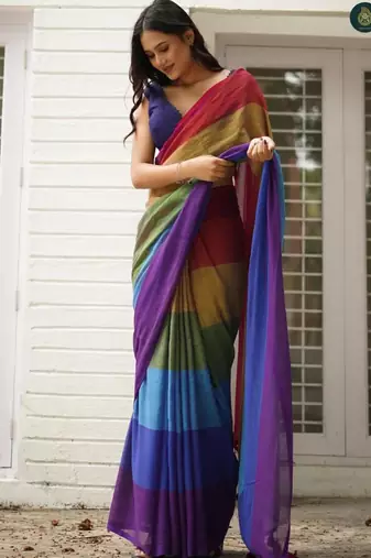 Multicolor linen stripes print printed saree