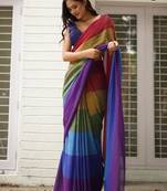 Multicolor linen stripes print printed saree