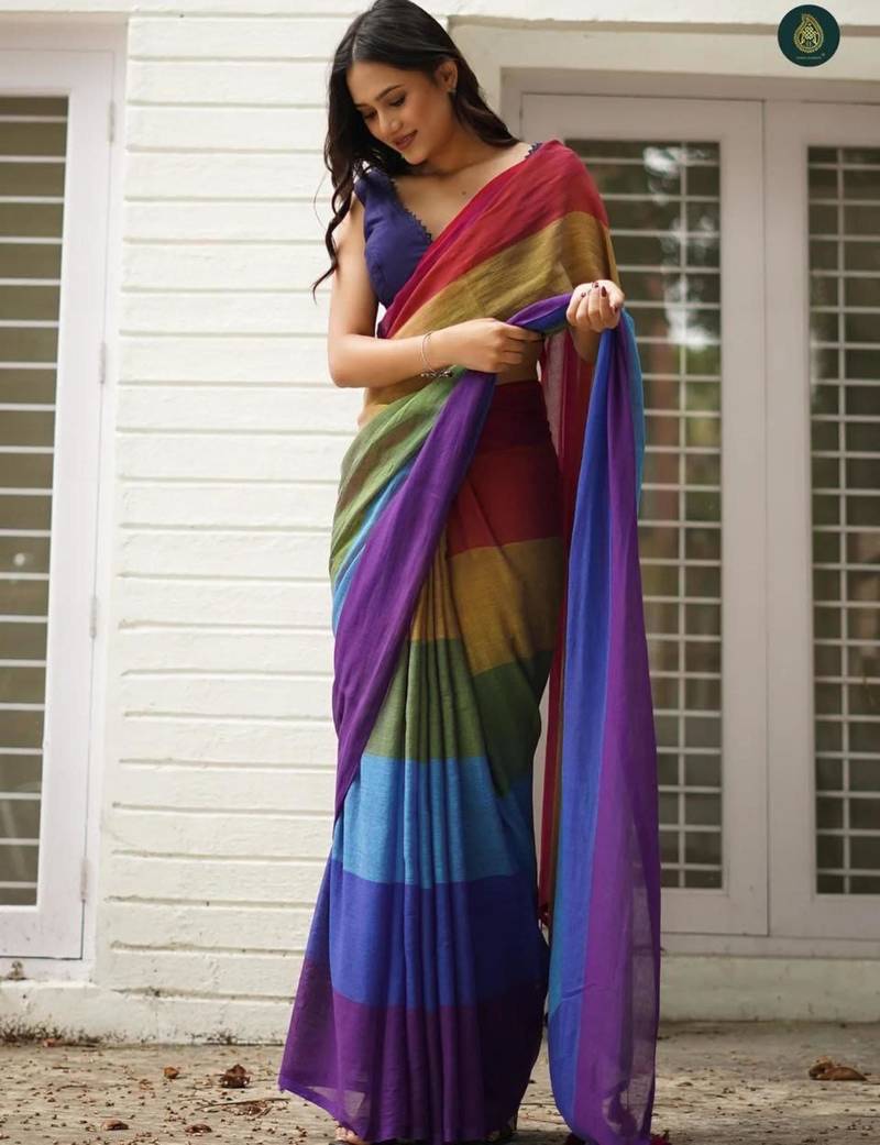 Multicolor linen stripes print printed saree