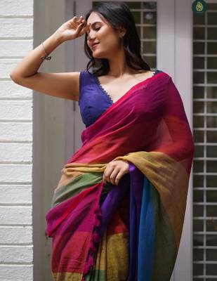 Multicolor linen stripes print printed saree 2
