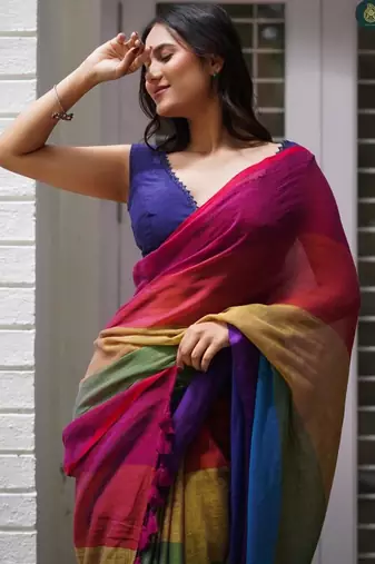 Multicolor linen stripes print printed saree