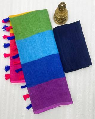Multicolor linen stripes print printed saree 3