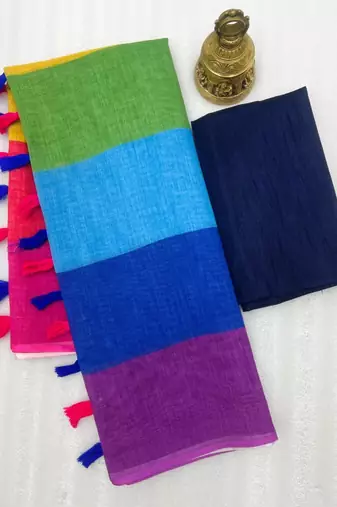 Multicolor linen stripes print printed saree