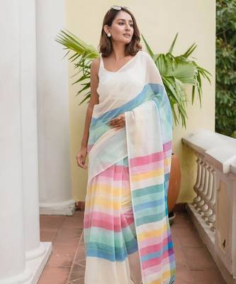 White linen stripes print printed saree 1