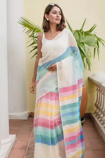 White linen stripes print printed saree