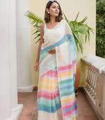 White linen stripes print printed saree