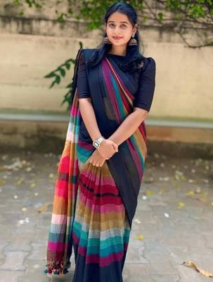 Multicolor linen stripes print printed saree 1