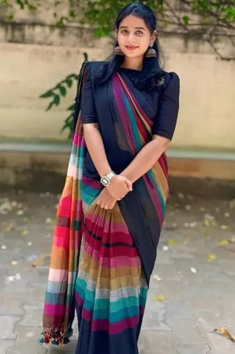 Multicolor linen stripes print printed saree