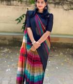 Multicolor linen stripes print printed saree