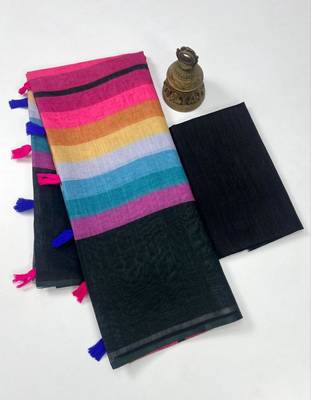 Multicolor linen stripes print printed saree 2