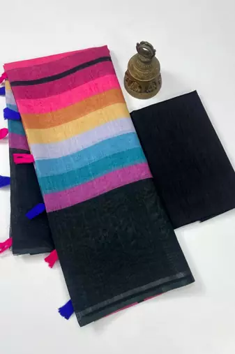 Multicolor linen stripes print printed saree