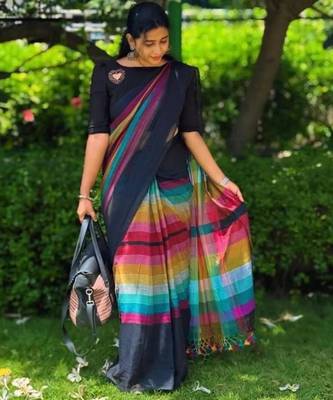 Multicolor linen stripes print printed saree 3