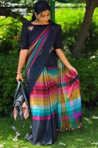 Multicolor linen stripes print printed saree