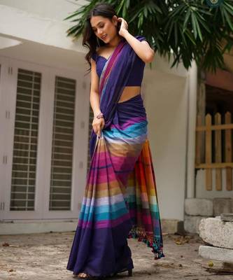 Multicolor linen stripes print printed saree 1