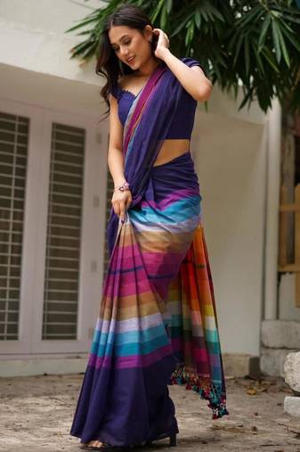 Multicolor linen stripes print printed saree