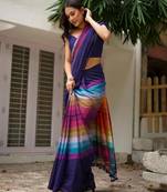 Multicolor linen stripes print printed saree