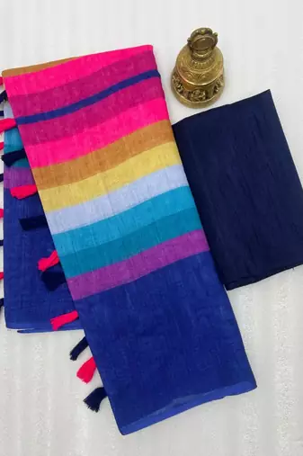 Multicolor linen stripes print printed saree