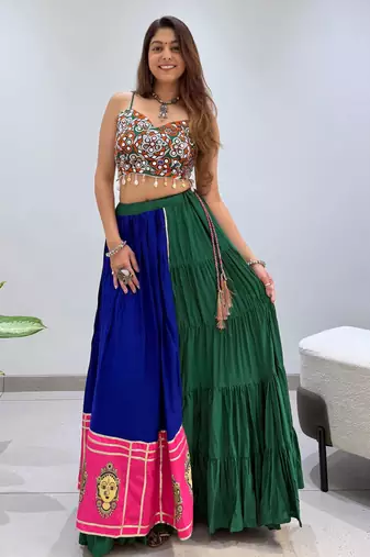 Blue Rayon Readymade Navratri Lehenga Choli with Embroidery & Mirror Work