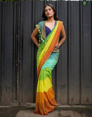 Multicolor linen stripes print printed saree 1