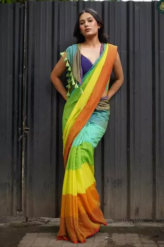 Multicolor linen stripes print printed saree