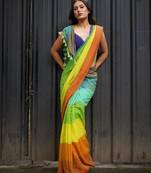 Multicolor linen stripes print printed saree