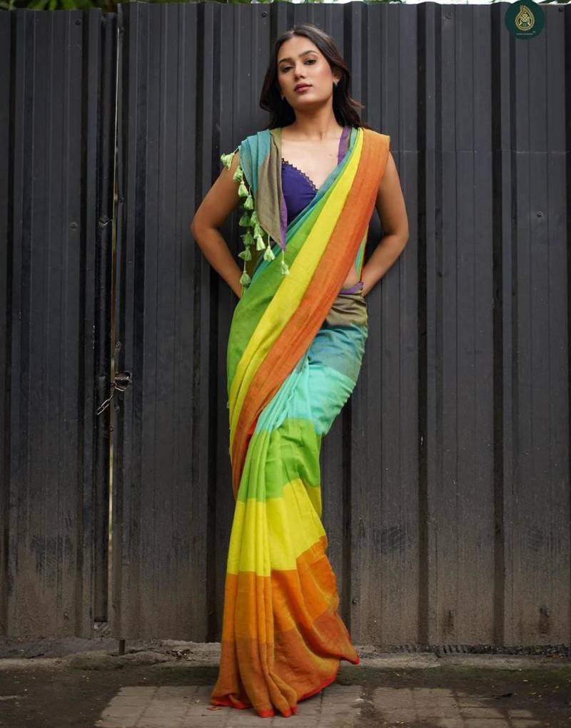 Multicolor linen stripes print printed saree