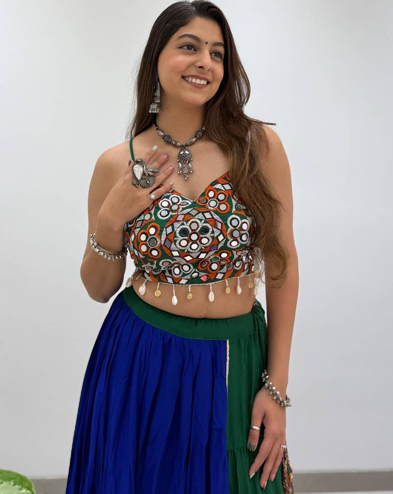 Blue Rayon Readymade Navratri Lehenga Choli with Embroidery & Mirror Work