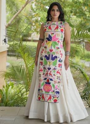 White Cotton Readymade Navratri Lehenga Choli with Embroidery & Thread Work 1
