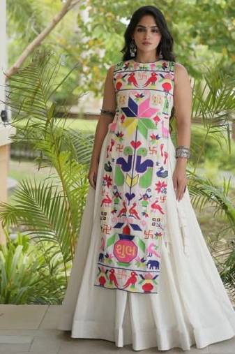 White Cotton Readymade Navratri Lehenga Choli with Embroidery & Thread Work