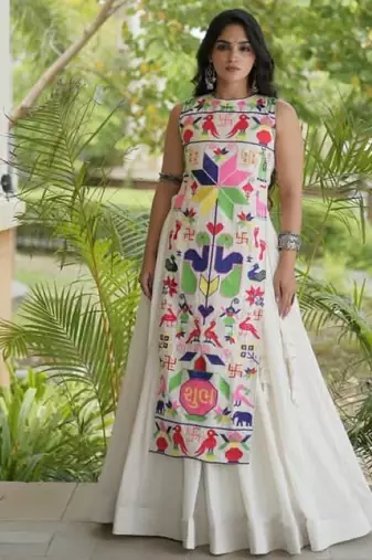 White Cotton Readymade Navratri Lehenga Choli with Embroidery & Thread Work