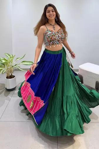 Blue Rayon Readymade Navratri Lehenga Choli with Embroidery & Mirror Work