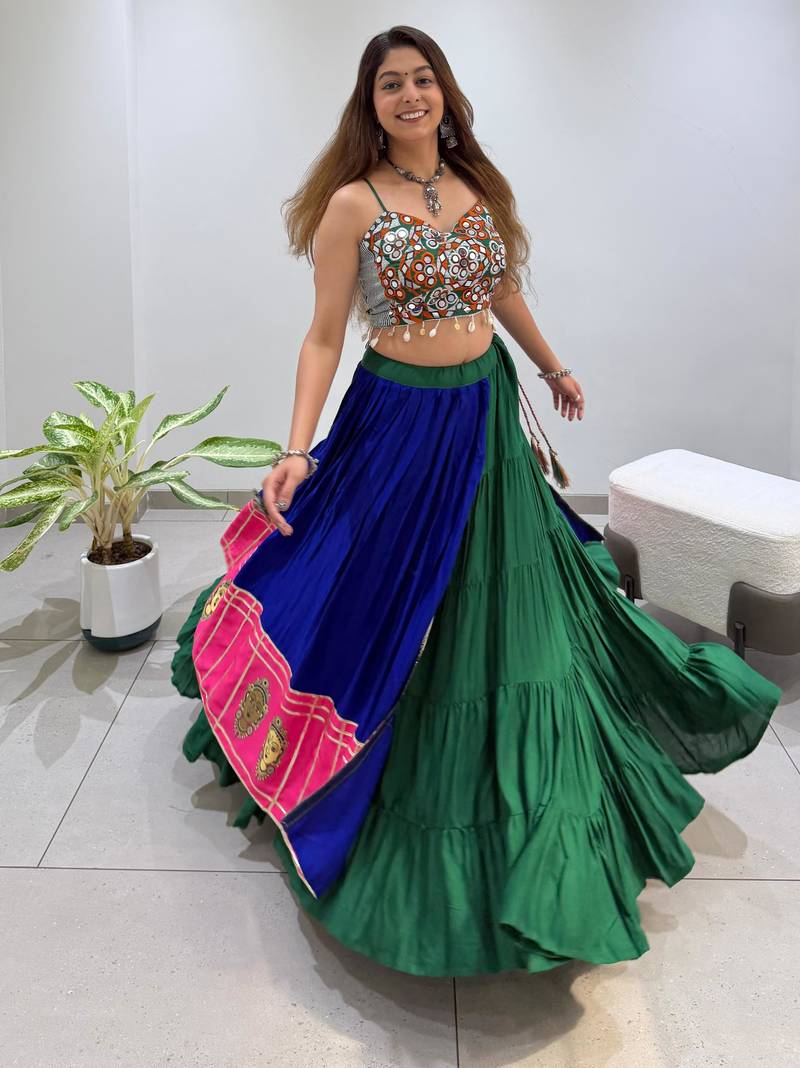 Blue Rayon Readymade Navratri Lehenga Choli with Embroidery & Mirror Work