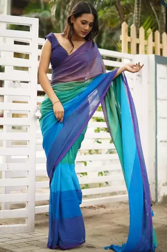 Multicolor linen stripes print printed saree