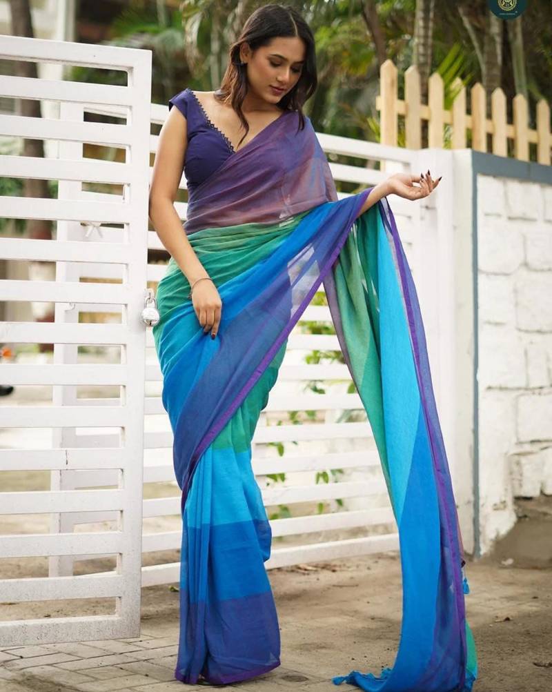 Multicolor linen stripes print printed saree