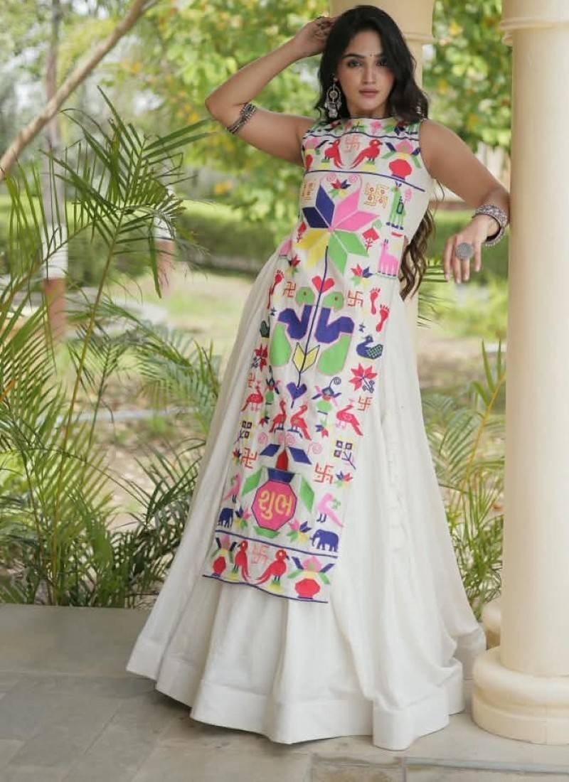 White Cotton Readymade Navratri Lehenga Choli with Embroidery & Thread Work